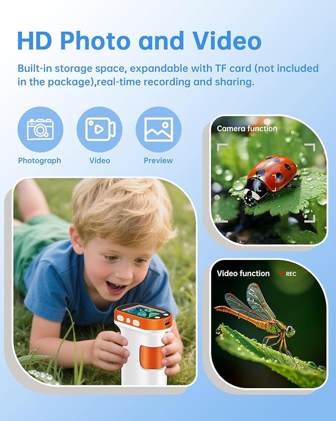 Microscope for Kids 1000x Magnification, 2.4-inch ScreenPocket Microscope with Photo and Video Recording (with Slide Kit) Portable Educational Gift
