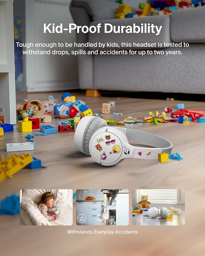 Belkin SoundForm Mini Kids Wireless Headphones w/Built-in Microphone, 30H of Playback Time, Fun Stickers, & Case - Over-Ear Headsets for Online Learning, School, iPhone, iPad, Galaxy, & More - White