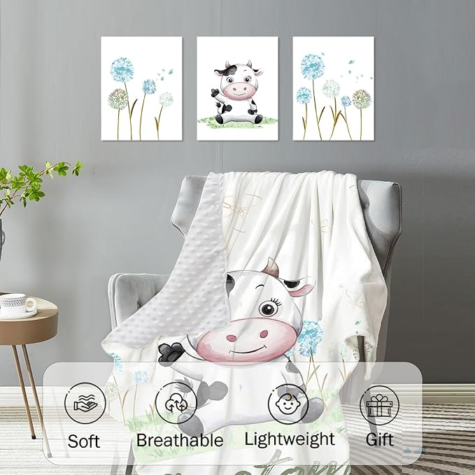 Personalized Baby Crib Bedding Set, 5-Piece Cows Design Baby Crib Sets with Custom Name, Toddler Double Layer Blanket Fitted Sheets Changing Pad Cover Rug Wall Art Set, Charming Nursery Decor