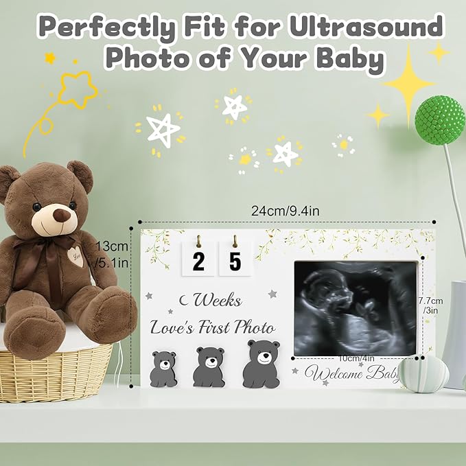 Ultrasound Picture Frames with Countdown Weeks, Baby Sonogram Picture Frame with Plant Prints for Standard 4" x 3" Love's First Ultrasound Photo, Pregnancy Announcement, Gender Reveal Baby-Shower Gift