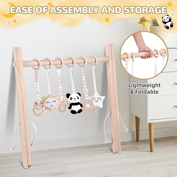 Wooden Baby Play Gym with Mat, Foldable Baby Activity Gyms with 6 Sensory Hanging Panda Toys, Tummy Time Baby Infant Toys (Butterfly)