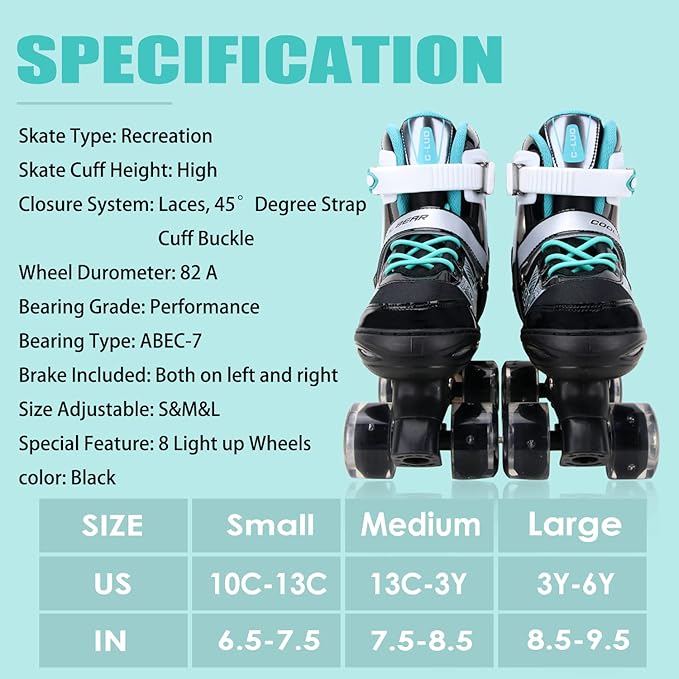 Sowume Adjustable Roller Skates for Girls and Women, All 8 Wheels of Girl's Skates Shine, Safe and Fun Illuminating for Kids