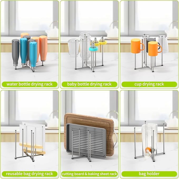 Reusable Bag & Bottle Drying Rack, Baby Bottle Drying Rack, Collapsible Cup Drying Rack for Glass, Mugs -Stainless Steel Countertop Organizer