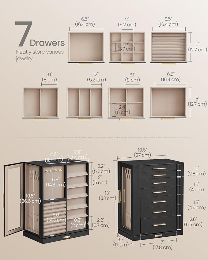 SONGMICS Jewelry Box 360° Rotating, Jewelry Storage Case with 7 Drawers, Jewelry Organizer, Glass Window, Spacious, Vertical Jewelry Storage, Open Design, Great Gift, Ink Black UJBC201B01