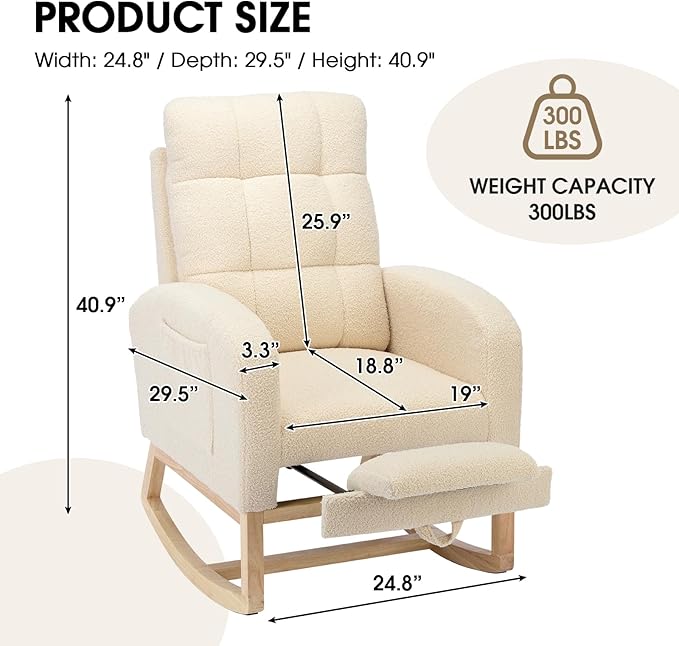 NIOIIKIT Modern Nursery Rocking Chair, Teddy Upholstered Rocking Chair with Footrest, Comfortable Rocker Recliner with Side Pocket, Rocker Glider for Living Room, Bedroom, Nursing Room (Apricot)