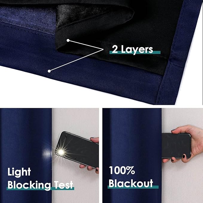 ChrisDowa 100% Blackout Curtains for Bedroom with Black Liner, 2 Thick Layers Total Blackout Thermal Insulated Grommet Window Curtains 2 Panels Set (Navy Blue, 52 x 45 Inch)