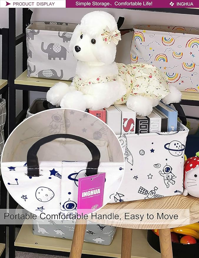 Rectangular Storage Basket Fabric Organizer Bin for Toys,Books,Clothes,Gifts,Pets-Perfect for Home,Office,Nursery,Dorm,Shelf(Rec Spaceships)