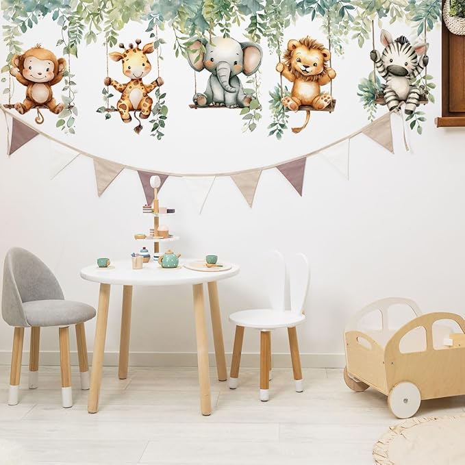 Jungle Animal Wall Decals,Jungle Animals Monkey Elephants, Lions, Zebras, Giraffes Vine Leaves Wall Stickers,Zoo Sticker for Kids Baby Boys Room Nursery Bedroom Playroom Home Decoration.