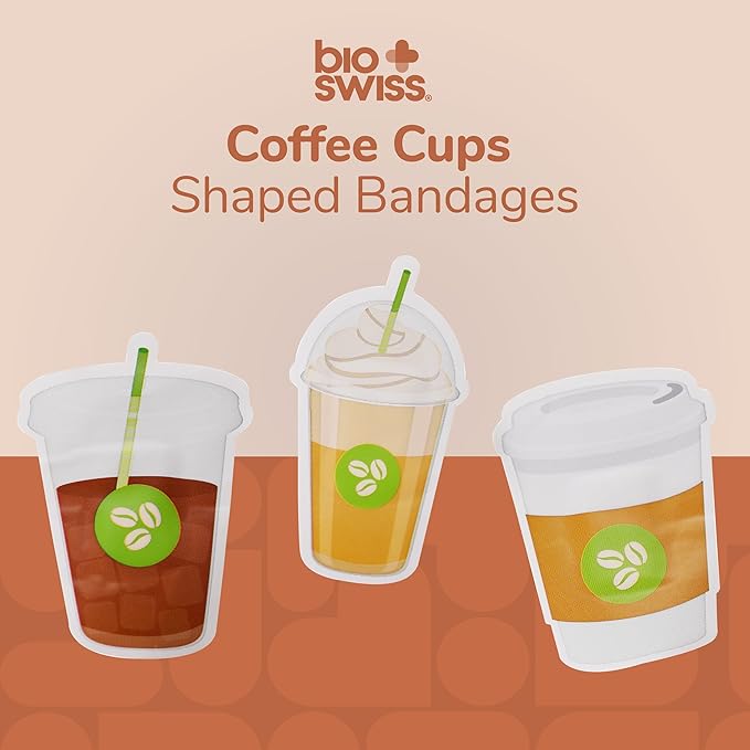 BioSwiss Bandages, Coffee Cup Shaped Self Adhesive Bandage, Latex Free Sterile Wound Care, Fun First Aid Kit Supplies for Kids, 24 Count