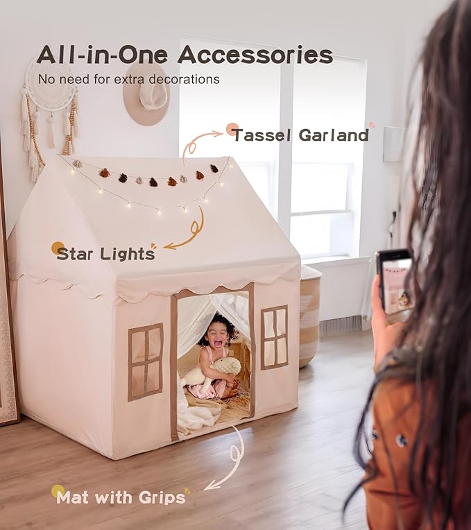 Play Tent with Mat, Star Light, Large Kids Playhouse with Windows Easy to Wash, Indoor and Outdoor Play Tents for Kids, Little Dove Toys for Girls, Boys, 47x40x52 (Beige Playhouse, Large Size)
