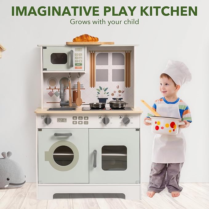 ROBOTIME Play Kitchen Set for Kids Toddlers, Wooden Kids Play Kitchen Playset with Real Lights & Sounds, Pretend Toddler Kitchen Gift for Girls Boys Age 3+