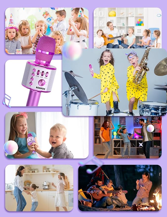 BONAOK Wireless Bluetooth Karaoke Microphone, Portable Toy Microphone for Singing, Gifts to Girls Boys Kids Adults All Age Q37（Bright Purple）