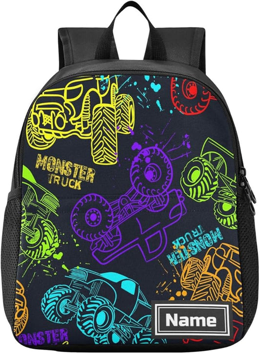 Colorful Monster Truck Toddler Backpack Waterproof Mini Backpack with Name/Text Preschool Backpack Cute Small Backpack Kindergarten Pre School Bags 13 Inch, Medium, Pattern 2