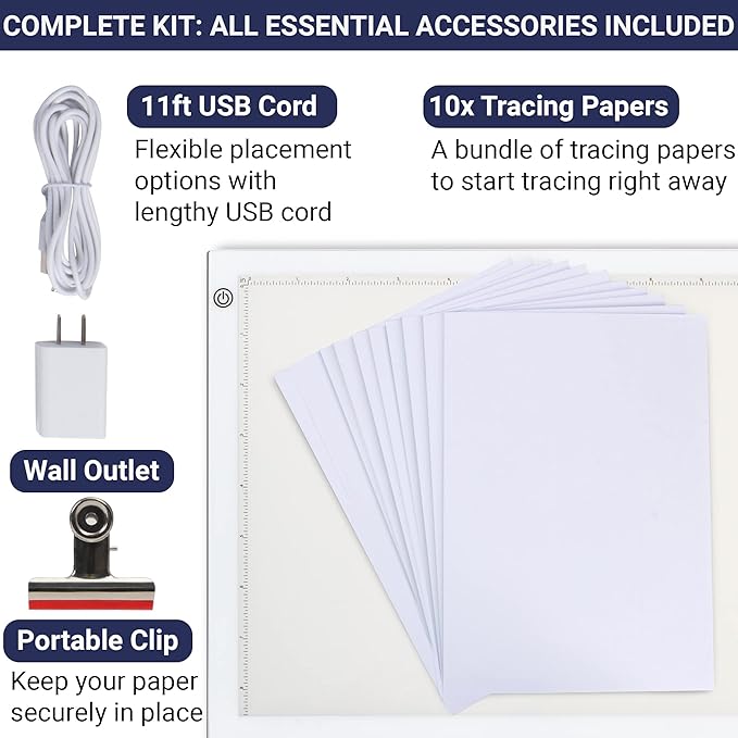 LED Tracing Light Box, Ultra-Thin Light Pad with Adjustable Brightness, Includes USB Cable, Adapter, Tracing Paper, and Clip. Portable Drawing Pad and LED Board for Sketching, Cricut Projects, Art
