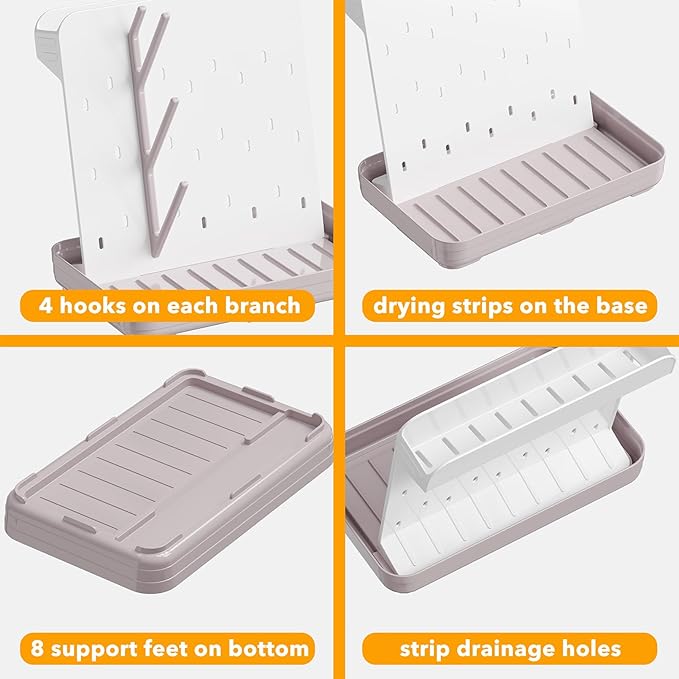 SpaceAid Baby Bottle Drying Rack with 20 Hooks, Space Saving Kitchen Bottles Rack Dryer, Vertical Baby Bottle Holder Organizer for Countertop Storage Accessories (White and Taupe)