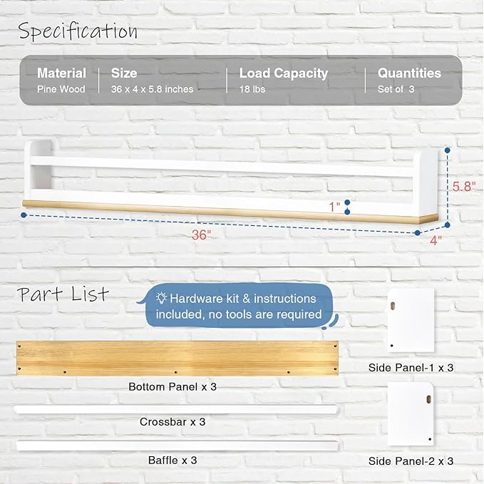 Upgraded Wall Bookshelf for Kids Room 36 Inches Long, White and Wood Nursery Floating Bookshelves for Wall, Hanging Book Shelves for Toddler Kid Child Bedoom Classroom Library-Set of 3