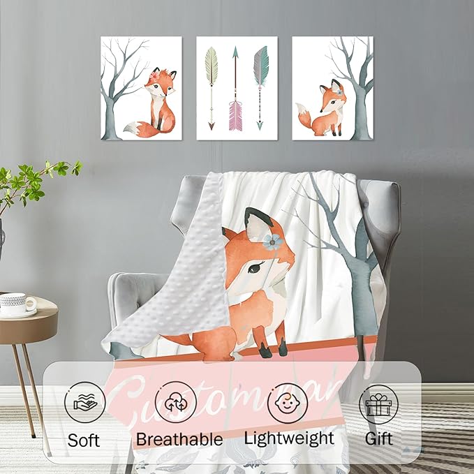 Personalized Nursery Crib Bedding Set: Custom Name 5 Piece Baby Crib Sets with Cute Fox Pattern - Toddler Double Layer Blanket Set, Comfortable Crib Bed Sheets for Baby Grils