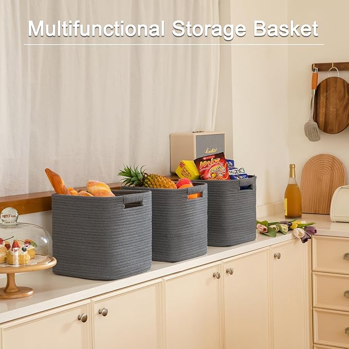 OIAHOMY Storage Cubes 11 Inch Storage Bins-3 Pack, Cotton Rope Woven Baskets for Organizing, Square Baskets for Shelves Organizer, Classroom, Toy Basket, DarK Grey