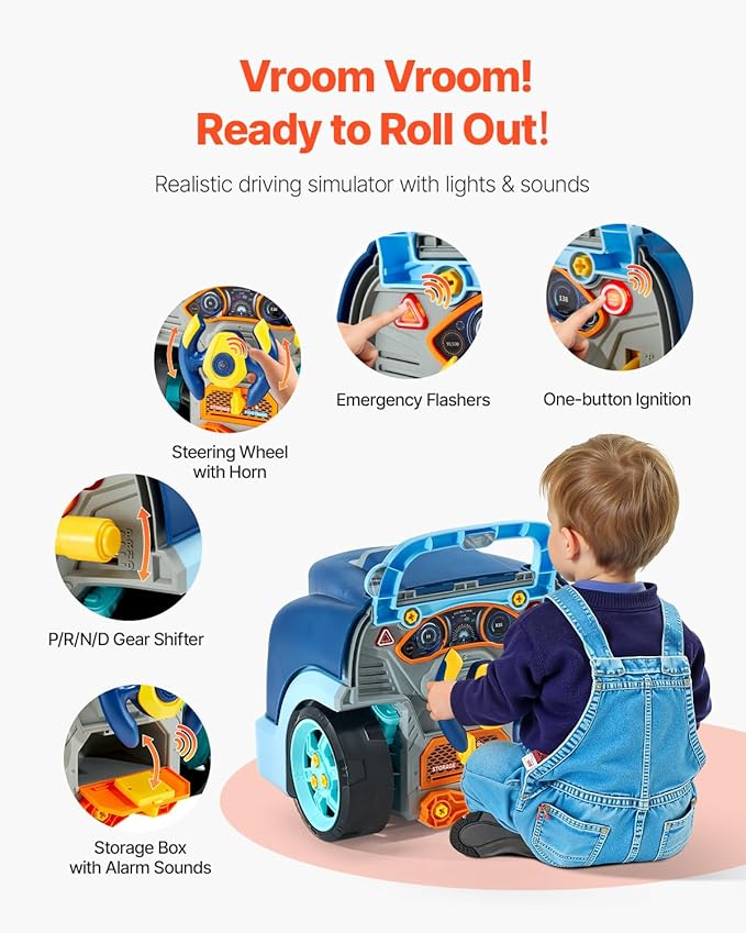 VEVOR Engine Toy, 60 Pieces, Kids Mechanic Car Repair Set with Removable Parts, Lights and Sounds, Steering Wheel and Horn, Kids Mechanic Workshop Set for Toddler Ages 3 Years and Up, Blue