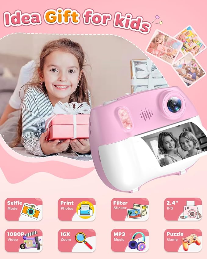 Kids Instant Print Camera Selfie Function - Front Rear Dual Kid Camera with 1080P Video for Girls Ages 3-12, Toddler Portable Travel Print Digital Camera for 3 4 5 6 7 8 9 10 11 12 Year Old Pink