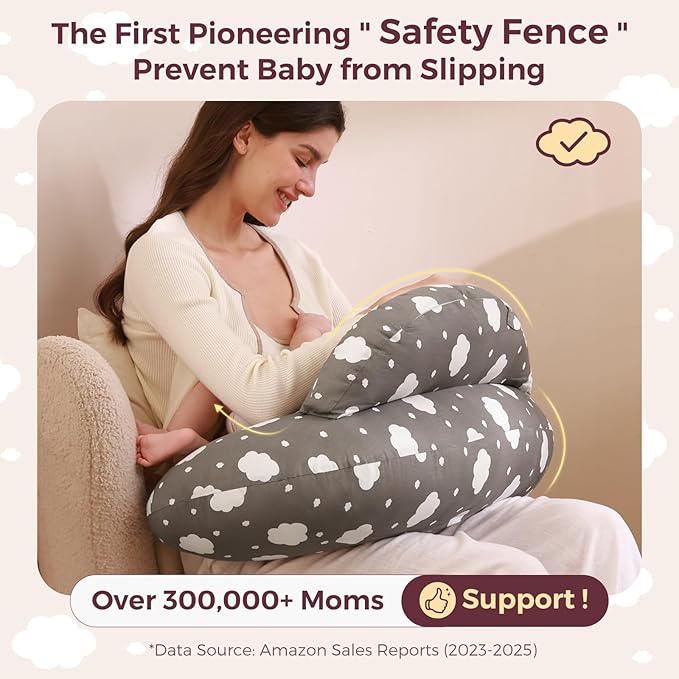 Momcozy Original Nursing Pillow for Breastfeeding-Pioneering Safety Fence- Wider Feeding Pillows for More Support for Mom & Baby- Easier Nursing & Hand Free- Fit for All, Removable Cotton Cover