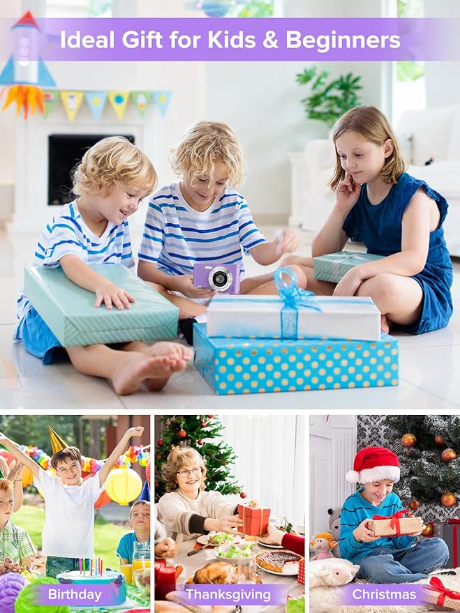 Digital Camera, Kids Camera1080P, Vlog Camera with 64GB Card, 16X Zoom Anti Shake, Card Reader, 44MP Compact Portable Small Point Shoot Digicam Gift for Kid Student Children Teen Girl Boy(Pruple)