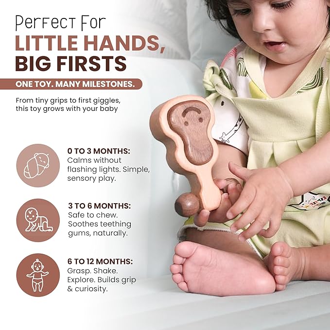 Wooden Teething Toys for Baby 0-6 Months – Organic Natural Non-Toxic Handmade Teether with Beads & Rattle for Soothing Relief – Montessori Sensory Toy for Babies, Infant Boy & Girl