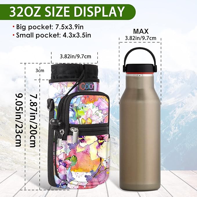 icolor Water Bottle Carrier Bag with Strap 25/32/40 oz Crossbody Bottle Holder with Phone Pocket Sling Sleeve Insulated Neoprene Water Bottle Pouch for Walking Travelling