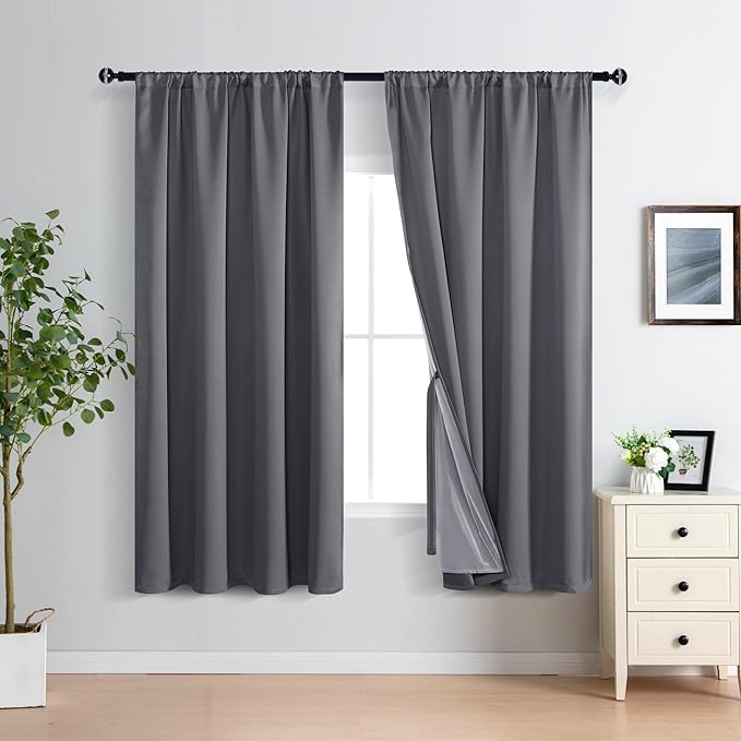 XWZO Full Shading Blackout Curtains 72 Inches Length - Heat and Light Blocking Rod Pocket Window Drapes with Black Liner Backing for Bedroom Sewn with Tiebacks, Dark Grey, W52 x L72, Set of 2