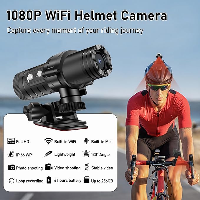WiFi Helmet Camera, HD 1080P Bike Motorcycle Helmet Camera, IP66 Waterproof Action Camera for Cars, Bicycle, Motorbike & Sports Helmet (with 128G Card)