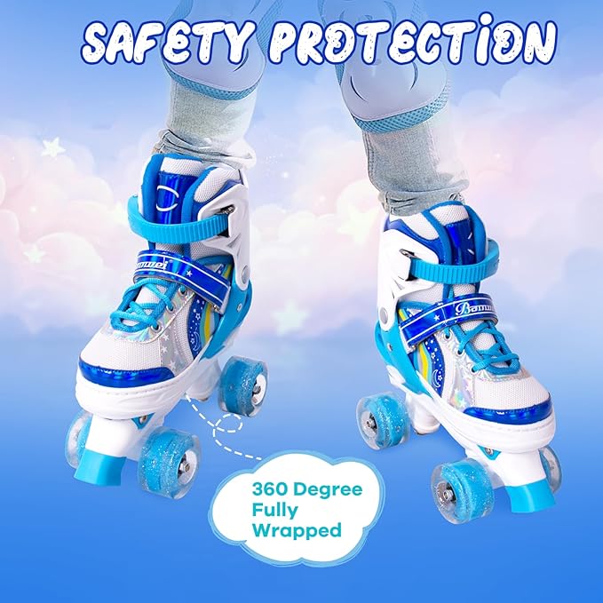 Rainbow Toddler Roller Skates - Size 4 Adjustable | Light Up Quad Skates for Girls & Boys Beginners Aged 3-12