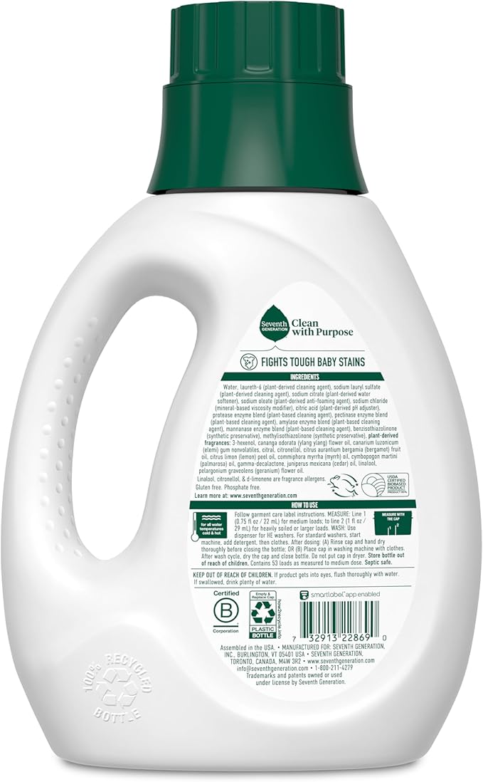 Seventh Generation Concentrated Baby Laundry Detergent, Stain Fighting Formula, Fresh Scent, 40 oz (53 Loads)