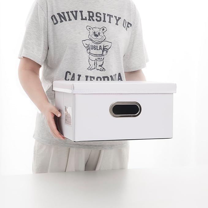 PRANDOM Collapsible Storage Box with Lid [1-Pack] Leather Fabric Foldable Storage Bin Organizer Container Basket Cube with Cover for Home Bedroom Closet Office Nursery White (13.6x9.6x6.9)