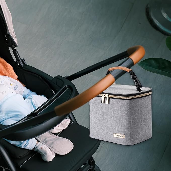 Breast Milk Cooler Bag with Ice Pack Fits 4 Large Baby Bottles Up to 5 Ounce, Baby Bottle Cooler Bag Great for Nursing Mom Daycare, Grey