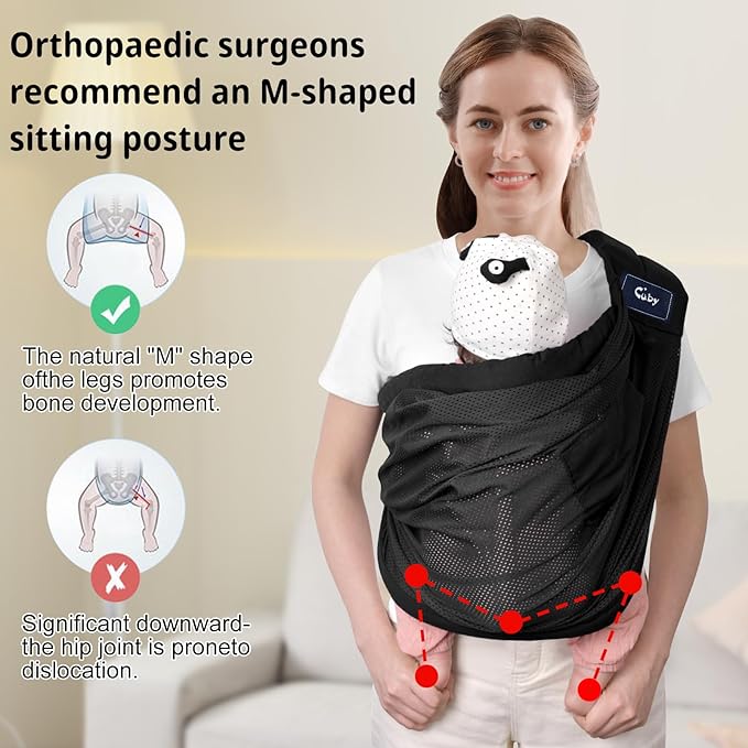 CUBY Mesh Baby Sling Carrier, Breathable Lightweight Baby Wraps Sling with Adjustable Strap Storage Bag- Easy to Wearing Front Baby Slings for Newborn Infant Toddler Carry Up to 40lbs (Black Mesh)