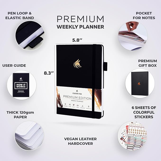 Clever Fox Planner Premium Edition – Undated Luxurious Weekly & Monthly Planner to Increase Productivity and Hit Your Goals – Organizer – Start Anytime, A5, Lasts 1 Year, Black (Weekly)