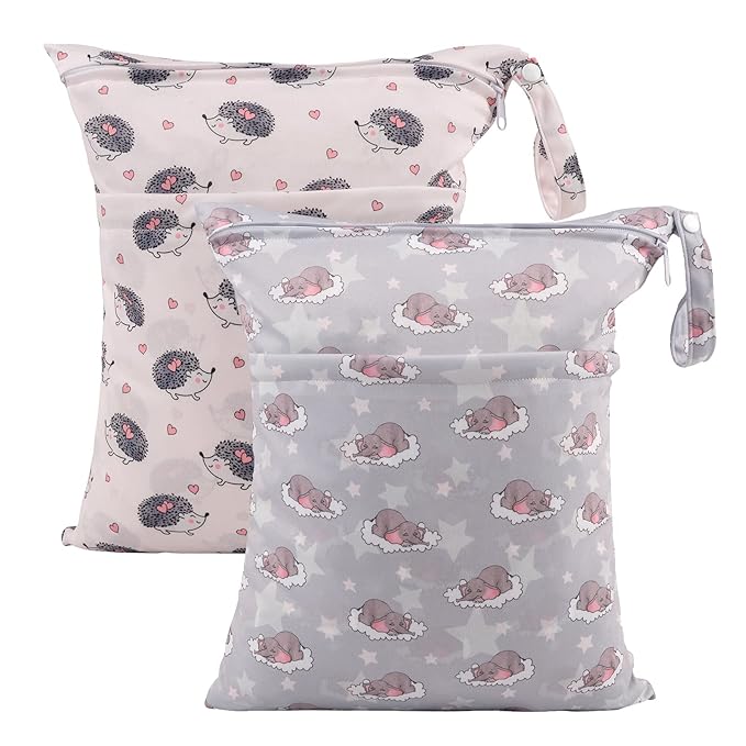 ALVABABY 2pcs Cloth Diaper Wet Dry Bags Waterproof Reusable with Two Zippered Pockets Travel Beach Pool Daycare Soiled Baby Items Yoga Gym Bag for Swimsuits or Wet Clothes LZD2324