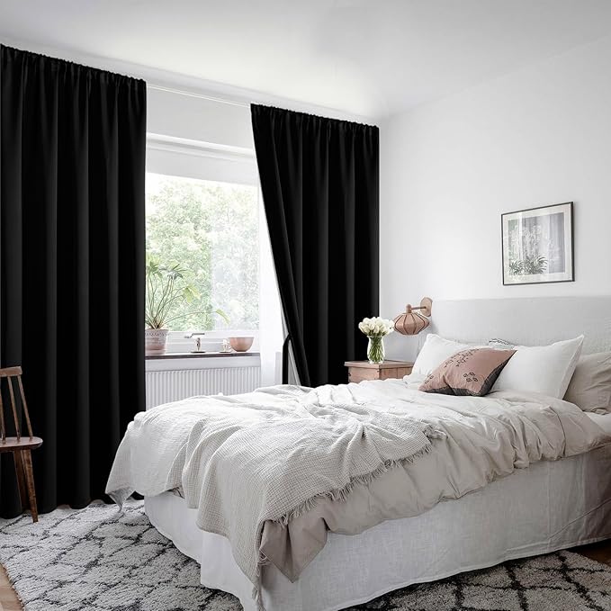 XWZO 100% Blackout Curtains with Tiebacks- Rod Pocket Heat and Full Light Blocking Window Panels & Thermal Insulated Draperies for Wide Large Window, Black, W60 x L84, Set of 2