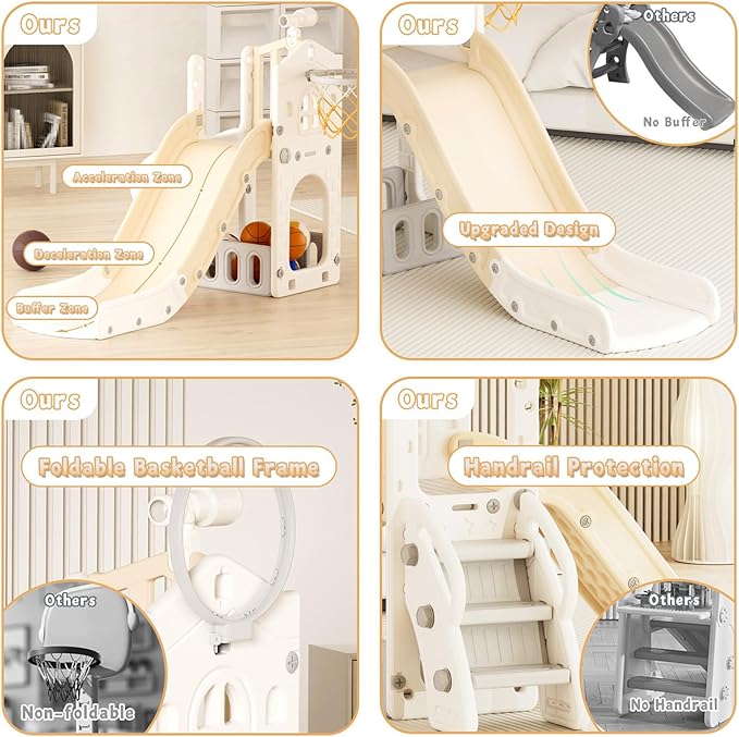 XJD 5 in 1 Toddler Slide, Kids Slide for Toddlers Age 1-3, Outdoor Indoor Playset for Toddlers with Basketball Hoop and Ball, Storage Space and Non-Slip Steps Telescope (Beige)