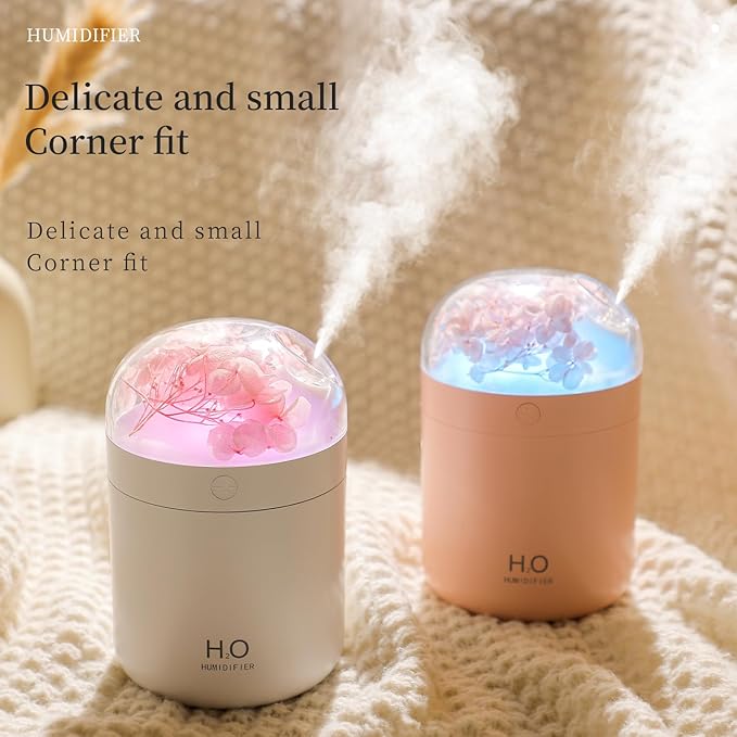 Portable Small Hydrangea Humidifiers for Bedroom Baby, Mini Cool Mist Plant Humidifier for Plants, Quiet Desktop Humidifier with 2 Working Modes & Colorful Night Light for Travel, Office, Bedroom