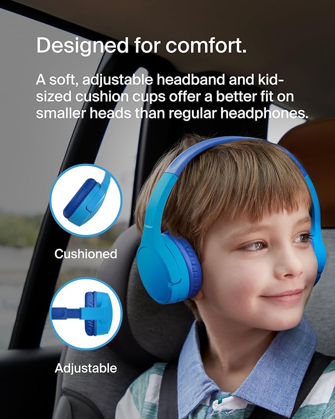 Belkin SoundForm Mini - Wireless Bluetooth Kids Headphones, 30H Battery, 85dB Safe Volume Limit, Built-in Microphone - Toddler On-Ear Earphones for iPhone, iPad - Ideal for School - Blue w/Case