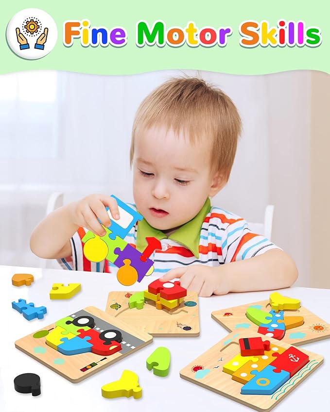 Yetonamr Wooden Toddler Puzzles Gifts Toys for 1 2 3 Years Old Boys Girls, 6 Vehicle Shape Montessori Toys Educational Blocks Kids Gift Baby Learning Toy Age 1-3, 2-4