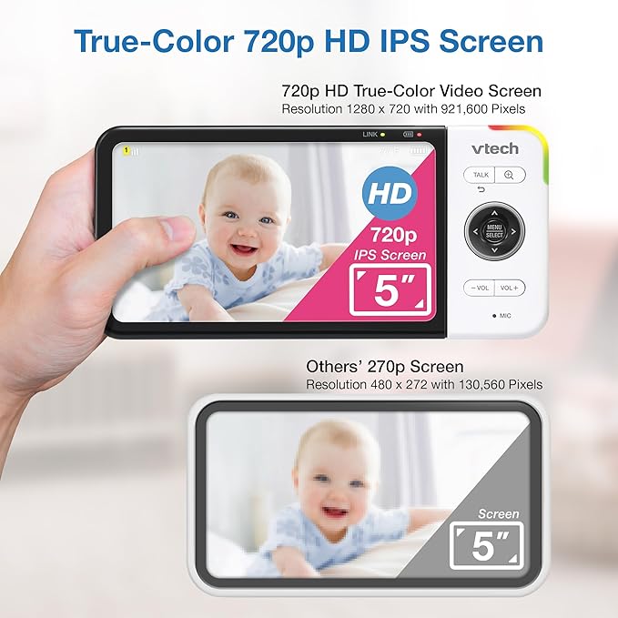 VTech VM928-2HD 5” 720p HD Display 2 Cameras Baby Monitor,110 Wide Angle View,Remote Pan-Tilt-Zoom,Night Vision,Up to 1000ft Range,Temperature Sensor,9 Soothing Sounds & Lullabies,2-Way Talk,No WiFi