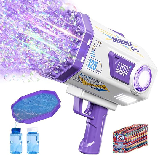 Bubble Gun, 125 Holes Bubble Machine Gun, Bubble Blaster Gun for Kids, Rechargeable Bubble Gun with Bubble Solution, Summer Toy Party Favors Bubble Maker for Wedding Birthday (Purple)