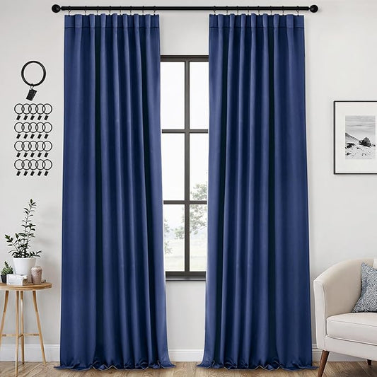 ANRODUO Back Tab Blackout Curtains for Bedroom Living Room, Rod Pocket Pinch Pleated Thermal Insulated Room Darkening Curtains 96 Inches Long 2 Panels, Navy Blue, 42 x 96 Inch