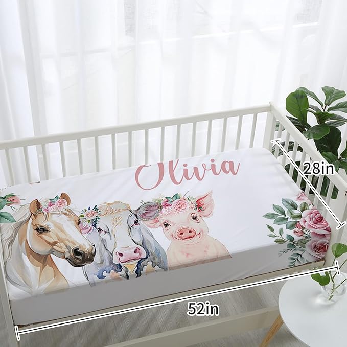 Personalized Nursery Crib Bedding Set: Custom Name Pink Floral 5 Piece Baby Crib Sets with Horse Pattern - Toddler Double Layer Blanket Set, Comfortable Crib Bed Sheets for Baby Grils