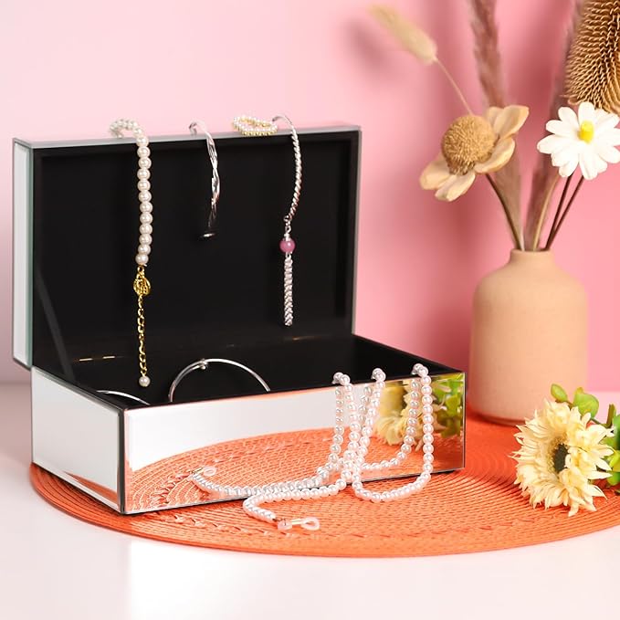 Luxury Mirrored Jewelry Box with Crushed Diamond - Glass Jewelry Box Organizer Storage for Women, Ring Holder Case for Dresser and Decorative