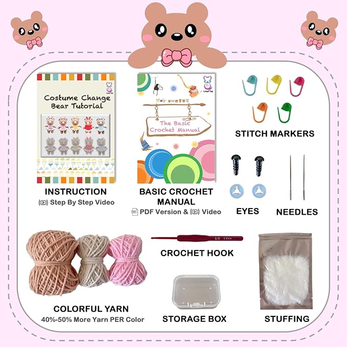 LoopMap Crochet Kit for Beginners - DIY Amigurumi Bear with Removable Dress & Accessories - Step-by-Step Video Tutorials, Extra Yarn, Crochet Tools, Handmade Gift for Kids & Adults (Bear K01, Pink)