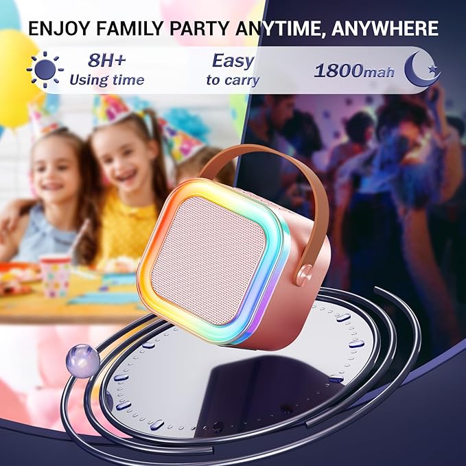 Kinglucky Mini Karaoke Machine for Kids, 2025 TOP Birthday Gifts Ideas for 3-12 Year Old Girls, Christmas Party Gifts Kids' Personal Video Players Accessories with 2 Wireless Microphones - Rose Gold