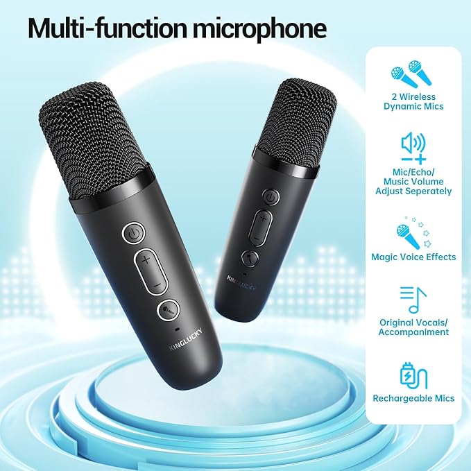 Kinglucky Mini Karaoke Machine for Kids, 2025 TOP Birthday Gifts Ideas for 3-12 Year Old Girls, Christmas Party Gifts Kids' Personal Video Players Accessories with 2 Wireless Microphones - Black